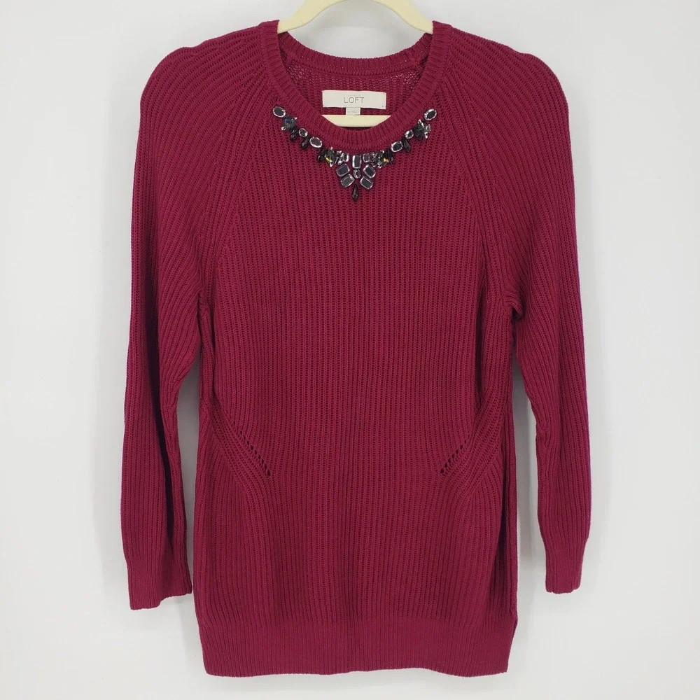 LOFT Jeweled Crew Neck Sweater M Embellished Beaded Ribbed Knit Cotton Silk‎ Red